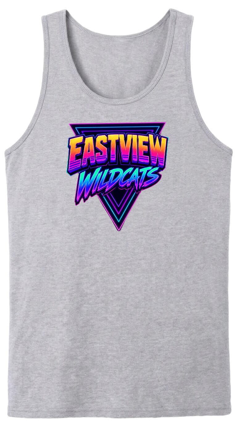 A gray tank top with a graphic design featuring the text "EASTVIEW WILDCATS" in a retro, neon-style font.