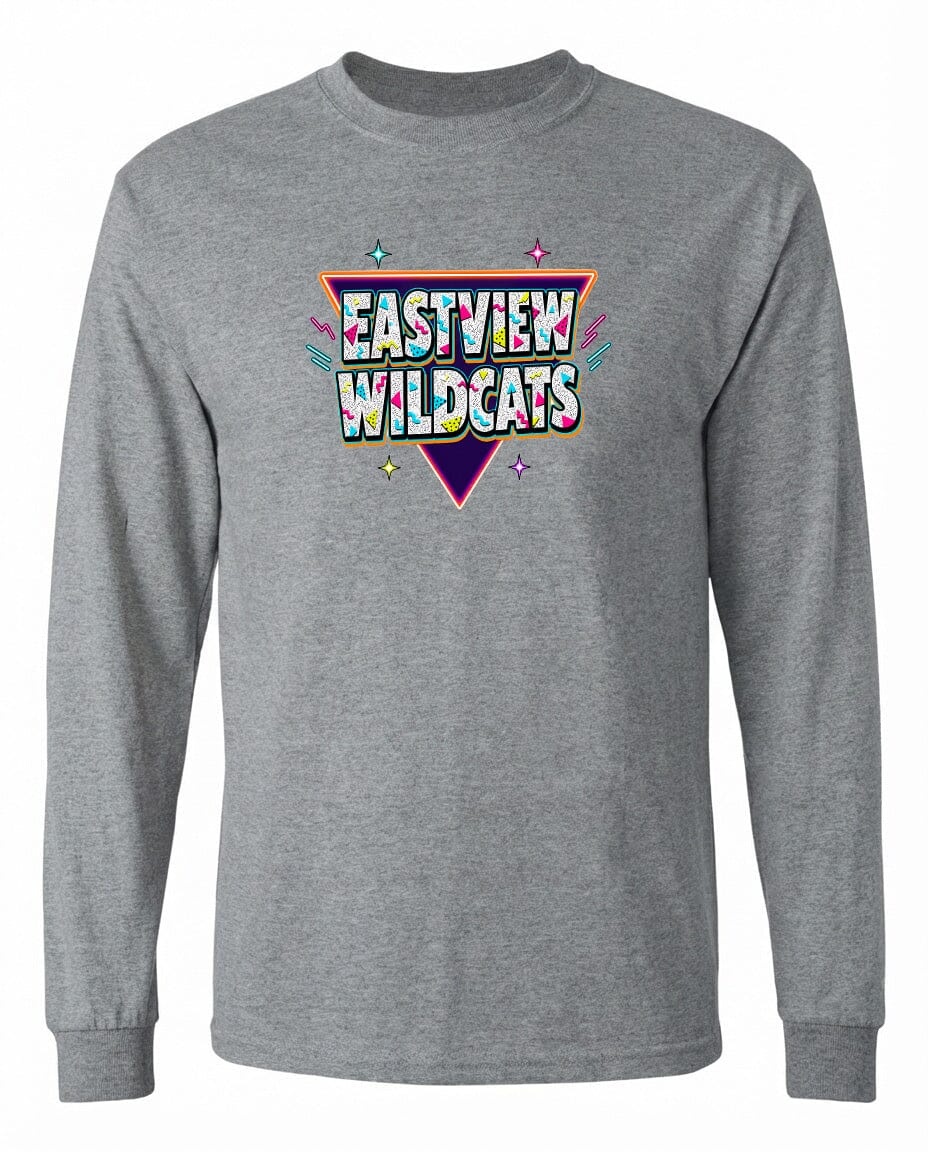 A gray long-sleeved shirt with a colorful graphic design featuring the text "EASTVIEW WILDCATS" in a retro style.