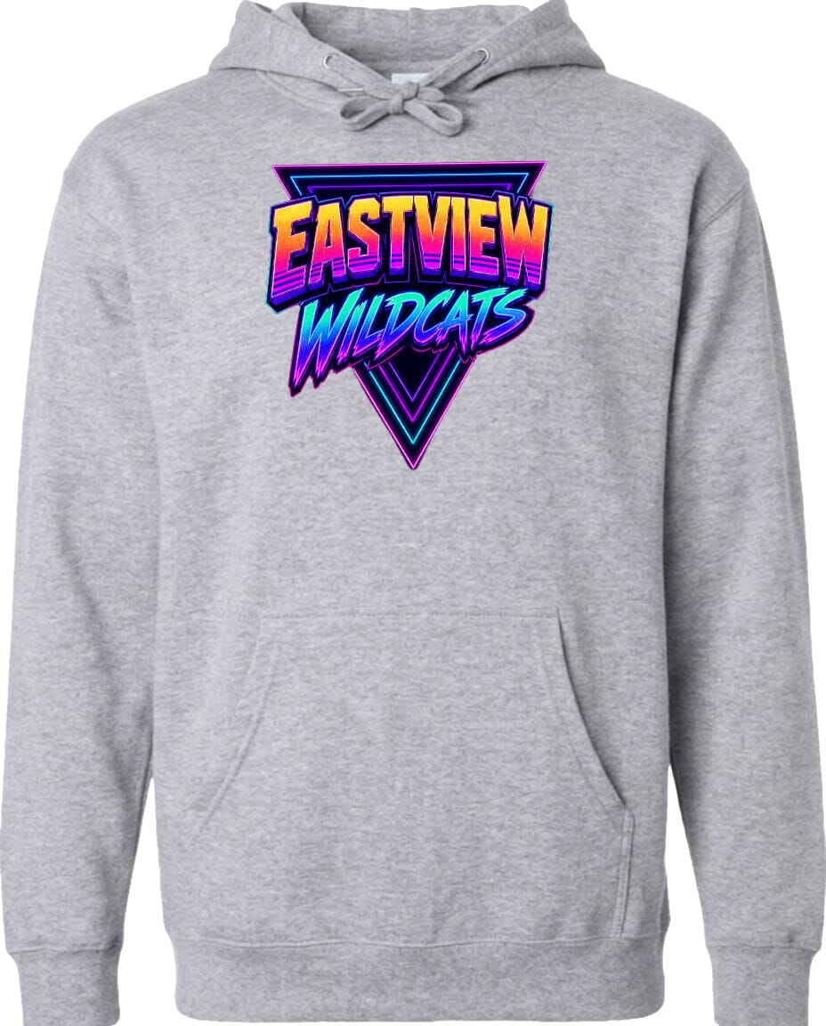 A gray hoodie with a graphic design featuring the text "EASTVIEW WILDCATS" in a colorful, retro-style font.