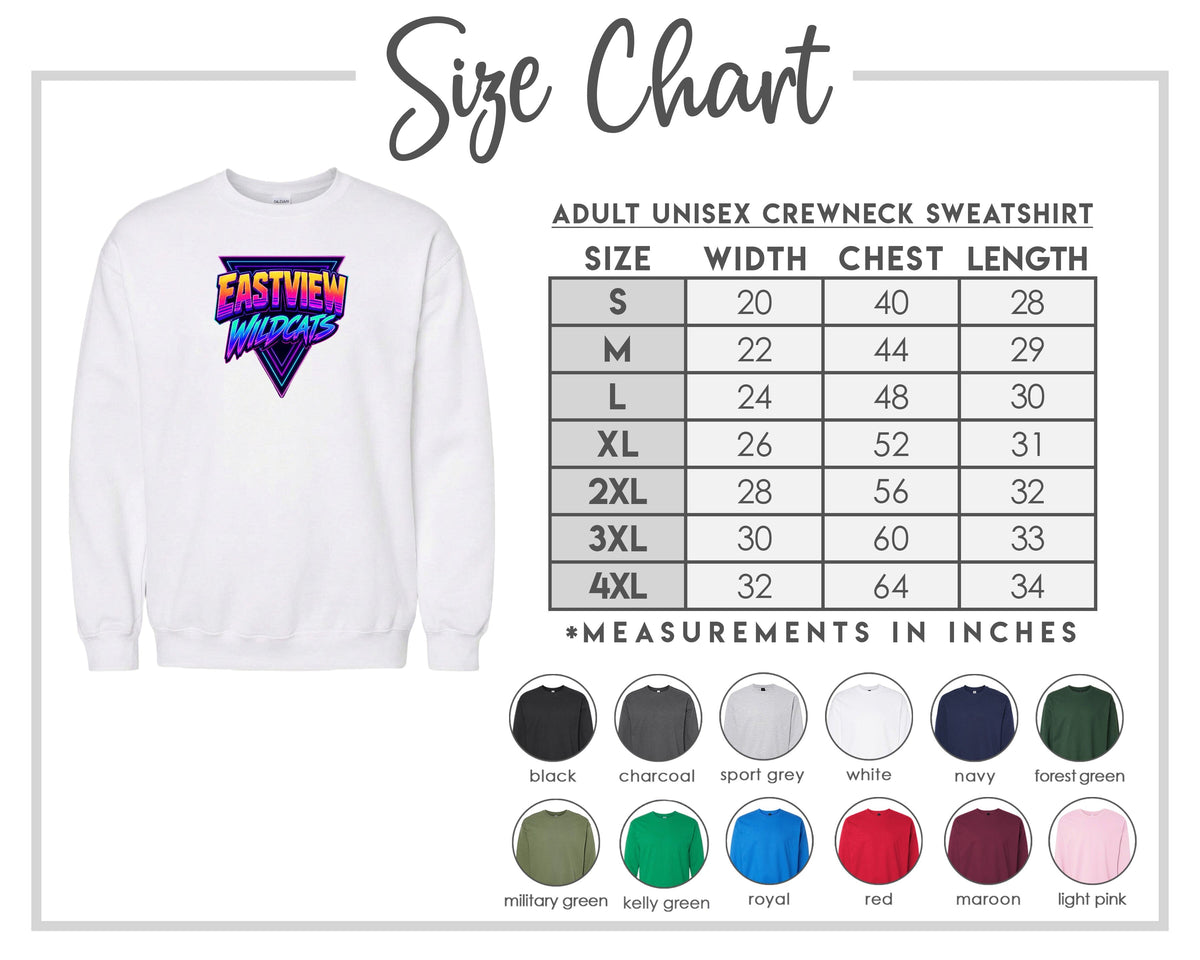 The image is a size chart for an adult unisex crewneck sweatshirt. It includes a white crewneck sweatshirt with a graphic design and a table with size measurements for different chest and waist sizes.