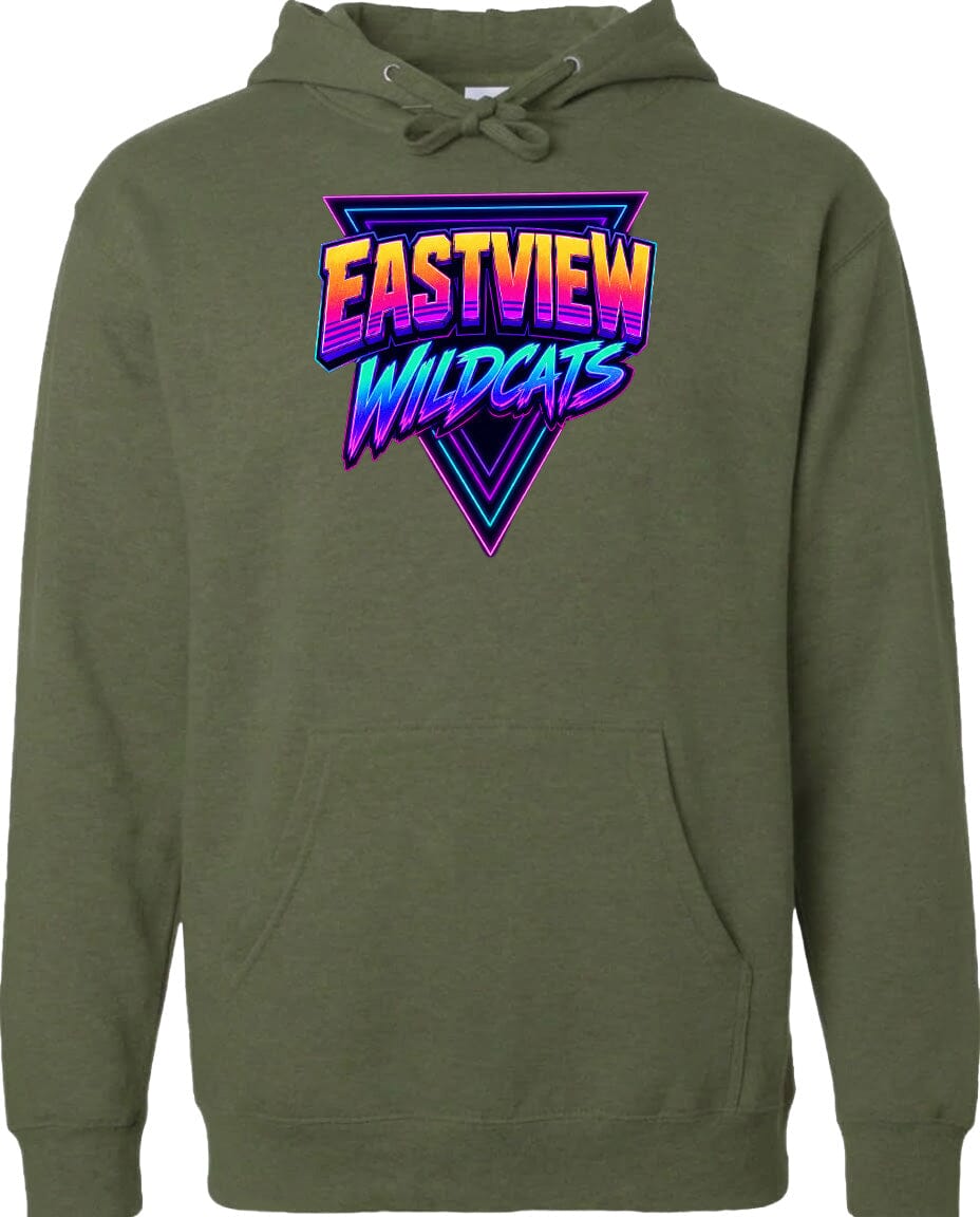 A green hoodie with a graphic design featuring the text "EASTVIEW WILDCATS" in a colorful, retro-style font.