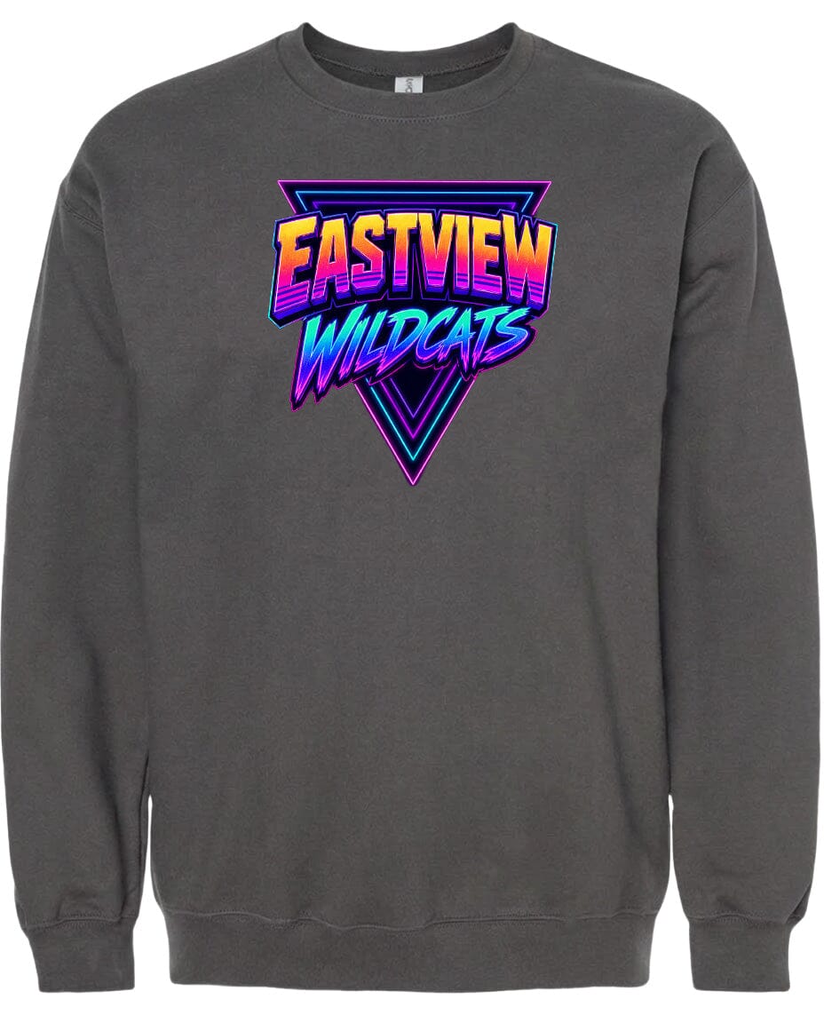 A gray sweatshirt with a graphic design featuring the text "EASTVIEW WILDCATS" in a colorful, retro-style font.