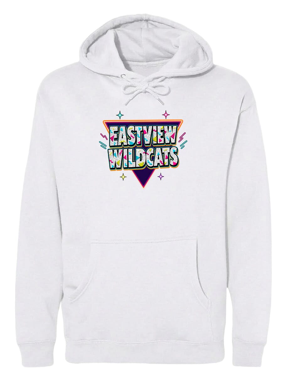 A white hoodie with a colorful graphic design featuring the text "EASTVIEW WILDCATS" and various decorative elements.