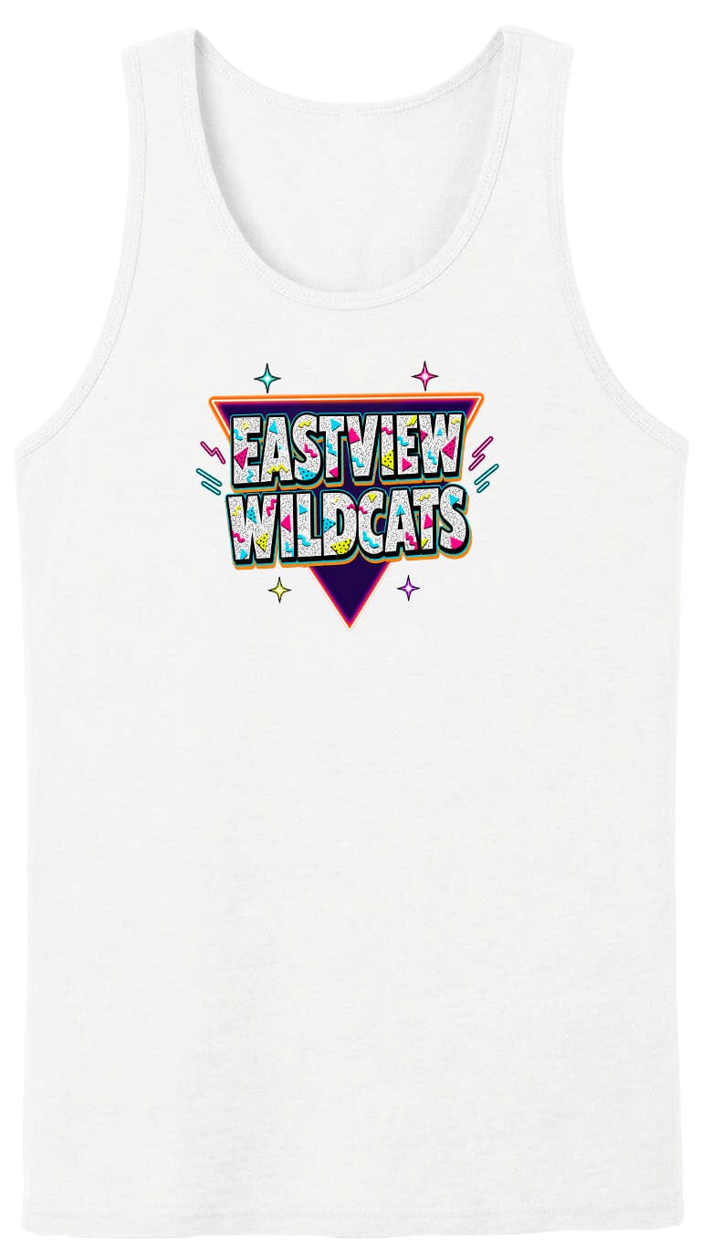 A white tank top with a colorful graphic design featuring the text "EASTVIEW WILDCATS" in a retro style.