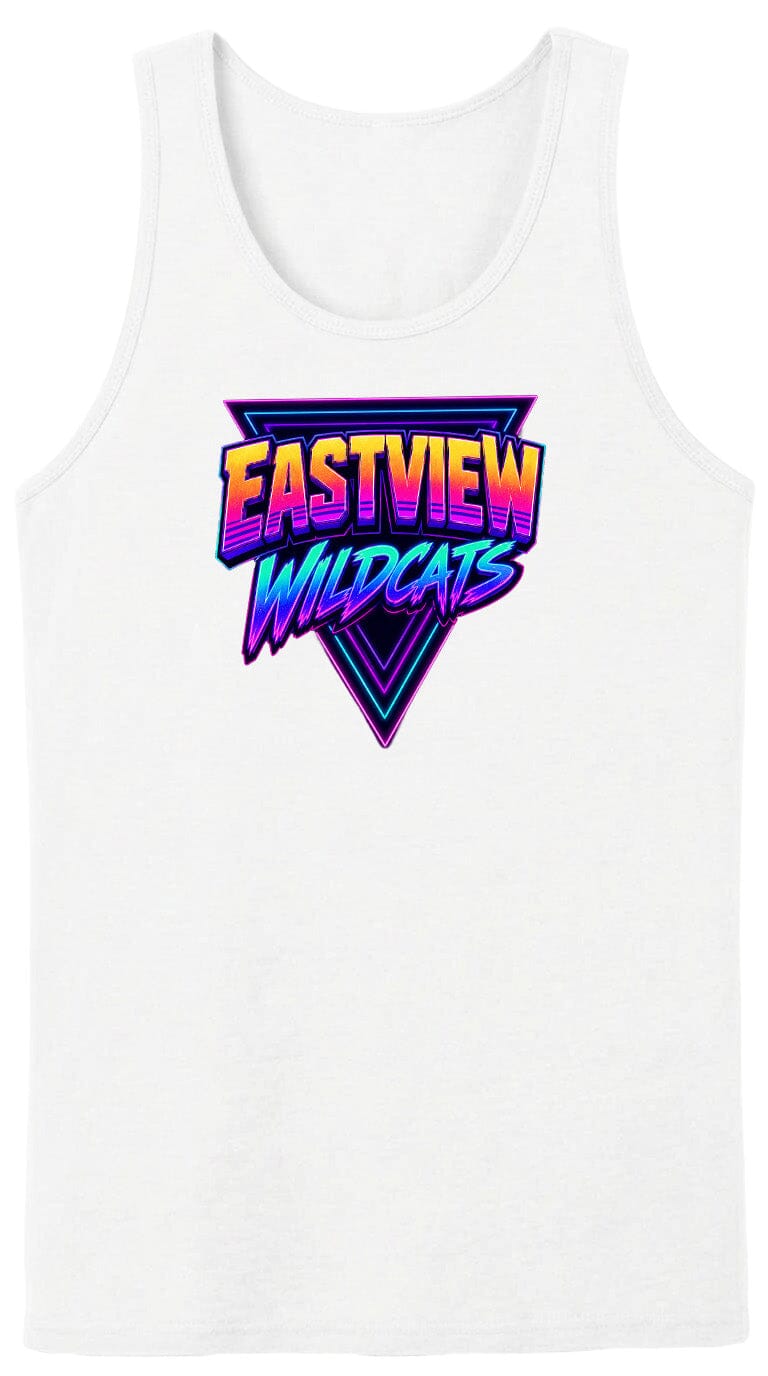 A white tank top with a graphic design featuring the text "EASTVIEW WILDCATS" in a retro, neon-style font.