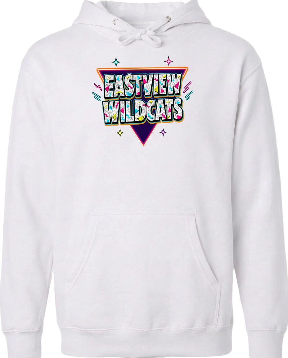 A white hoodie with a colorful graphic design featuring the text "EASTVIEW WILDCATS" in a stylized font.