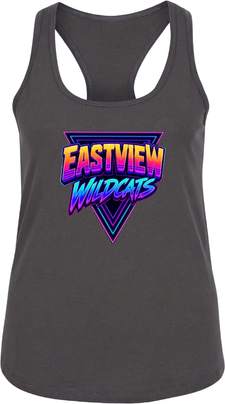 A gray tank top with a graphic design featuring the text "EASTVIEW WILDCATS" in a colorful, retro-style font.
