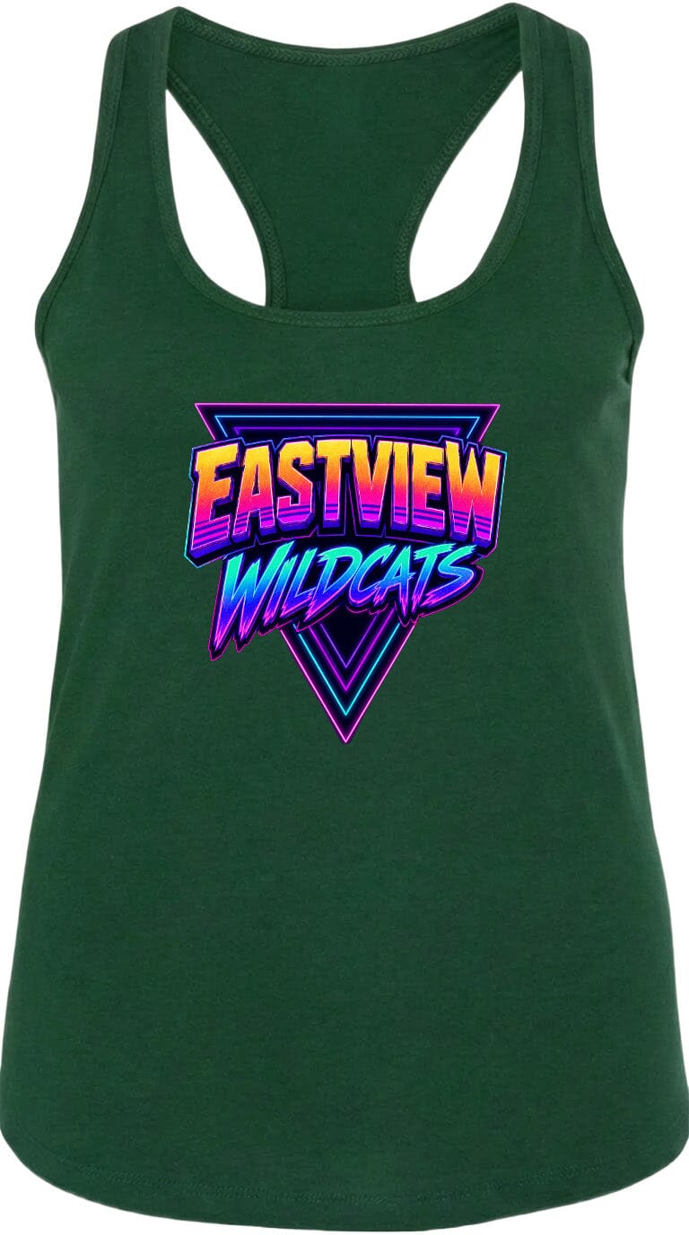 A green tank top with a graphic design featuring the text "EASTVIEW WILDCATS" in a colorful, retro-style font.