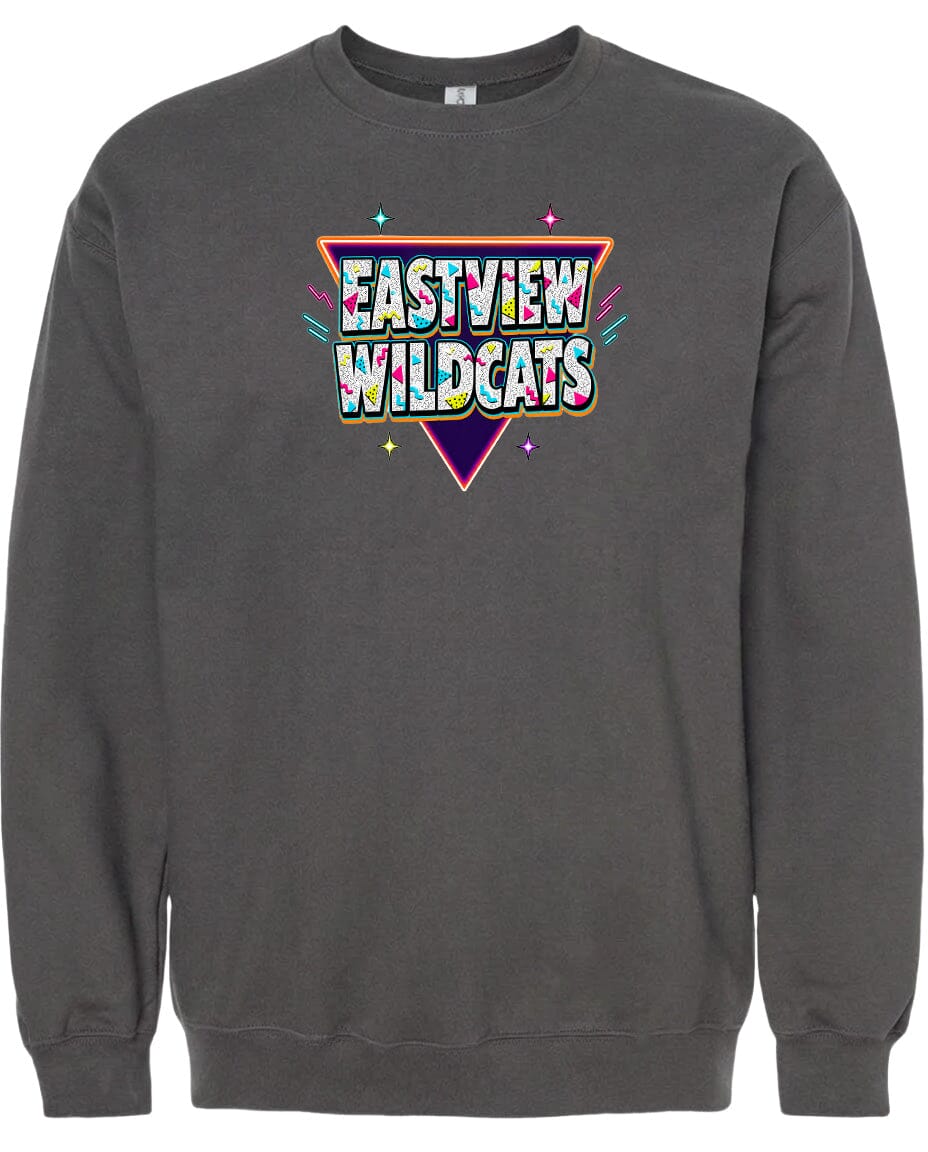 A gray sweatshirt with a colorful graphic design on the front.