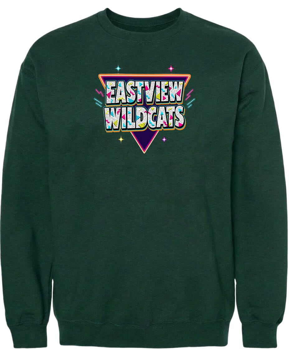 A dark green sweatshirt with a colorful graphic design on the front.