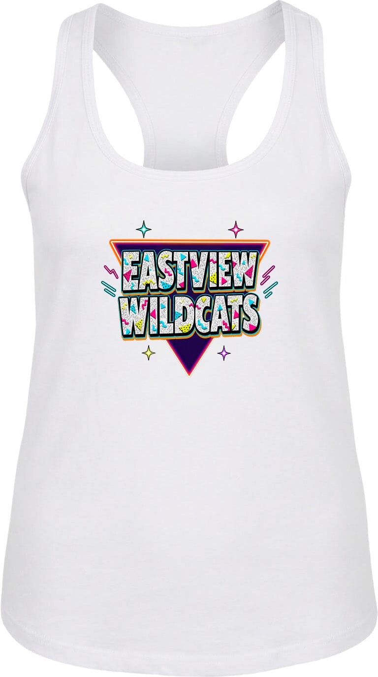 A white tank top with a colorful graphic design featuring the text "EASTVIEW WILDCATS" in a retro style.