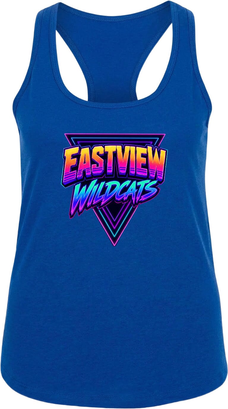 A blue tank top with a graphic design featuring the text "EASTVIEW WILDCATS" in a retro style.