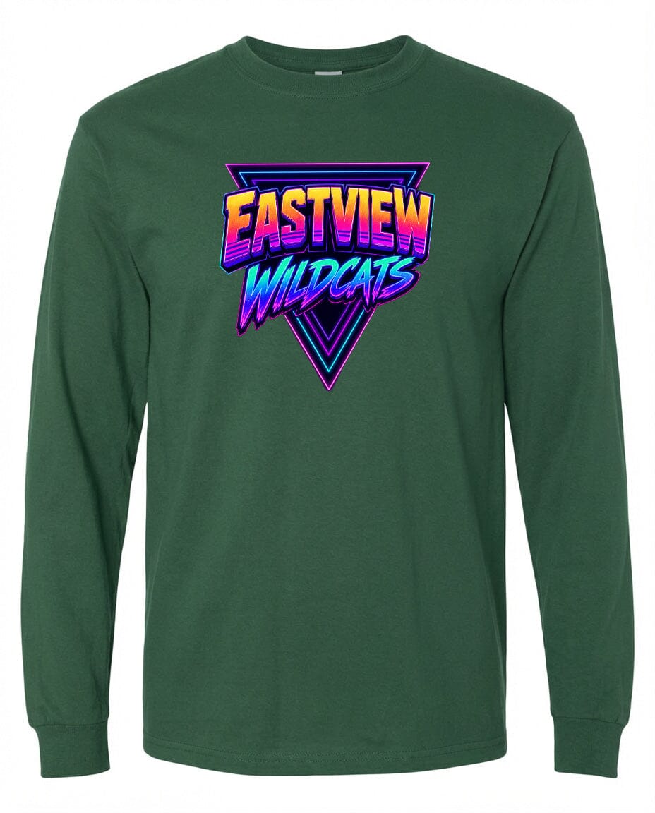 A green long-sleeved shirt with a graphic design featuring the text "EASTVIEW WILDCATS" in a colorful, retro-style font.