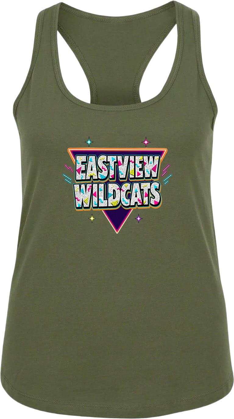 A green tank top with a colorful graphic design featuring the text "EASTVIEW WILDCATS" in a retro style.