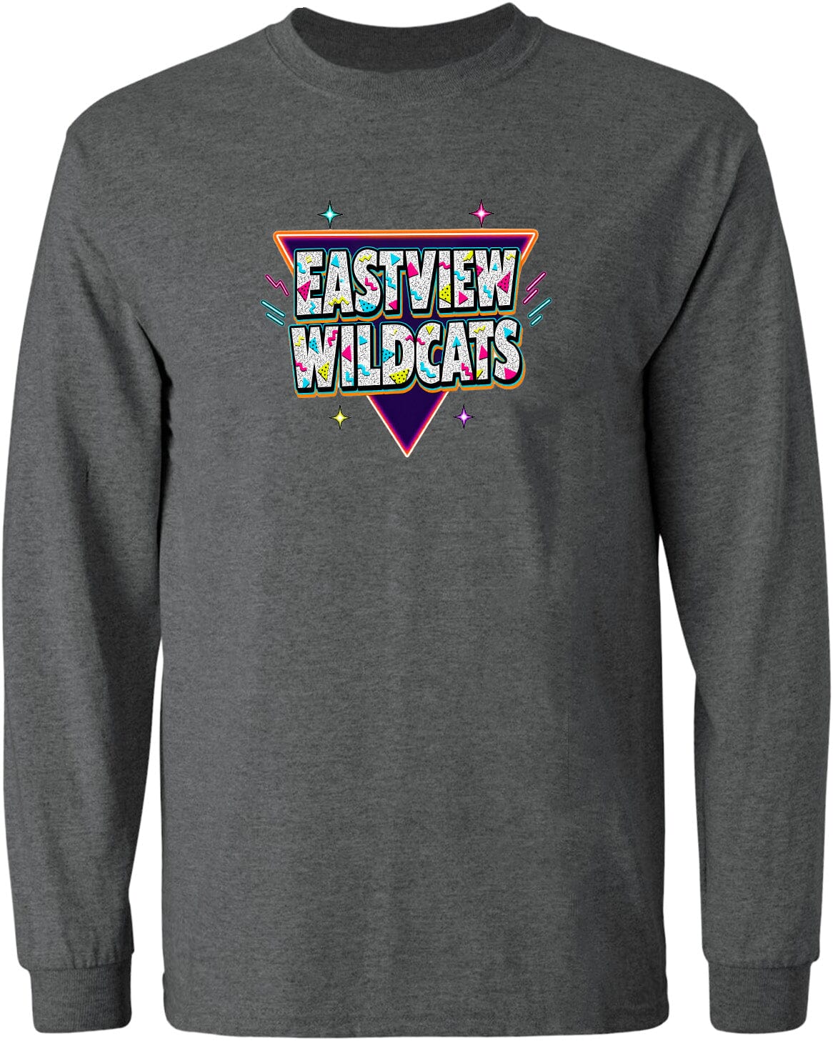 A gray long-sleeved shirt with a colorful graphic design featuring the text "EASTVIEW WILDCATS" in a retro style.
