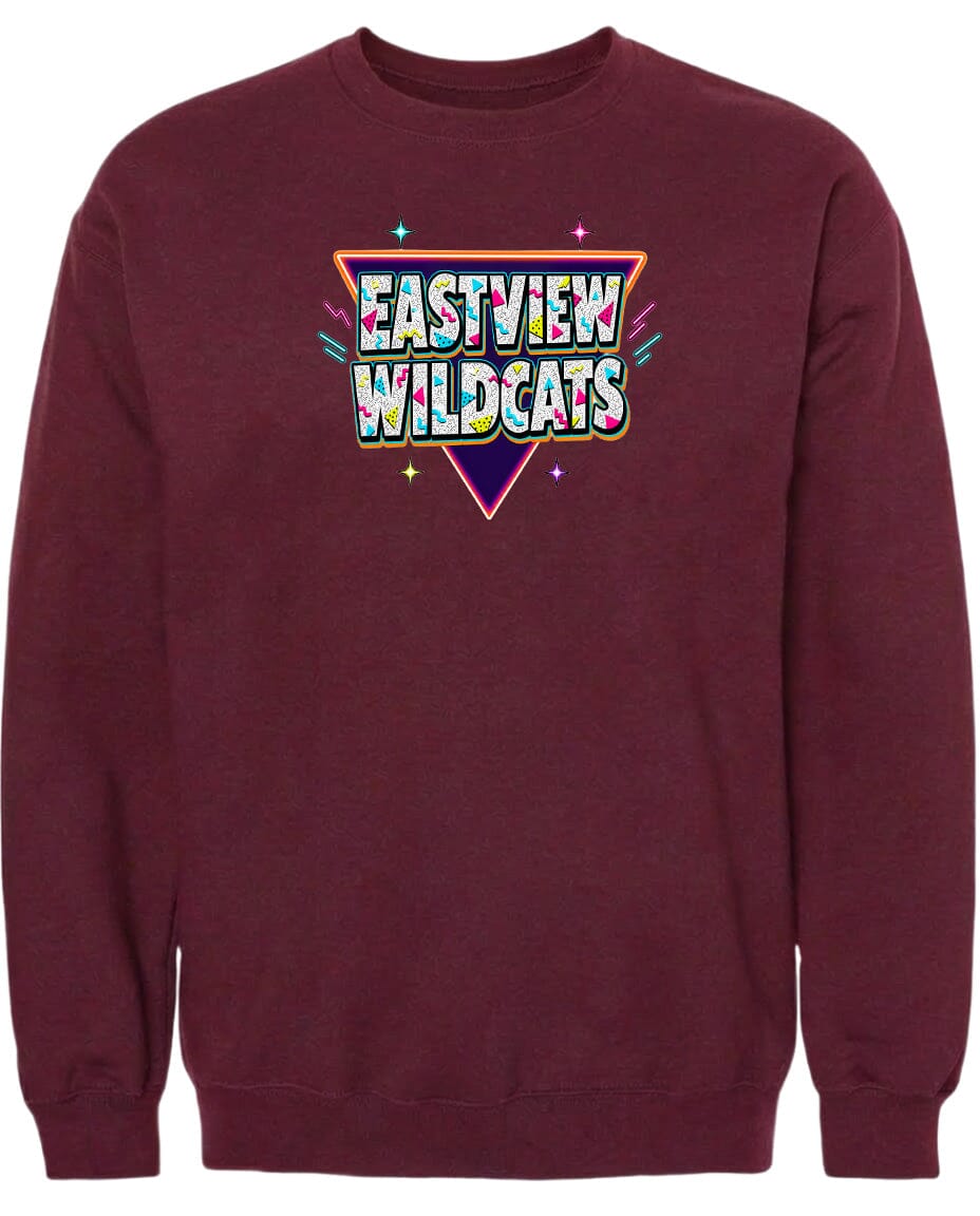 A burgundy-colored sweatshirt with a graphic design featuring the text "EASTVIEW WILDCATS" in a colorful, retro-style font.