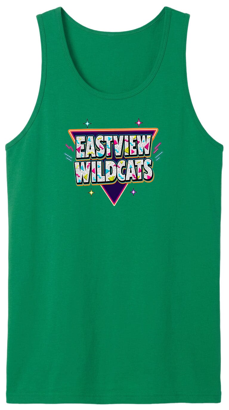 A green tank top with a colorful graphic design featuring the text "EASTVIEW WILDCATS" in a retro style.