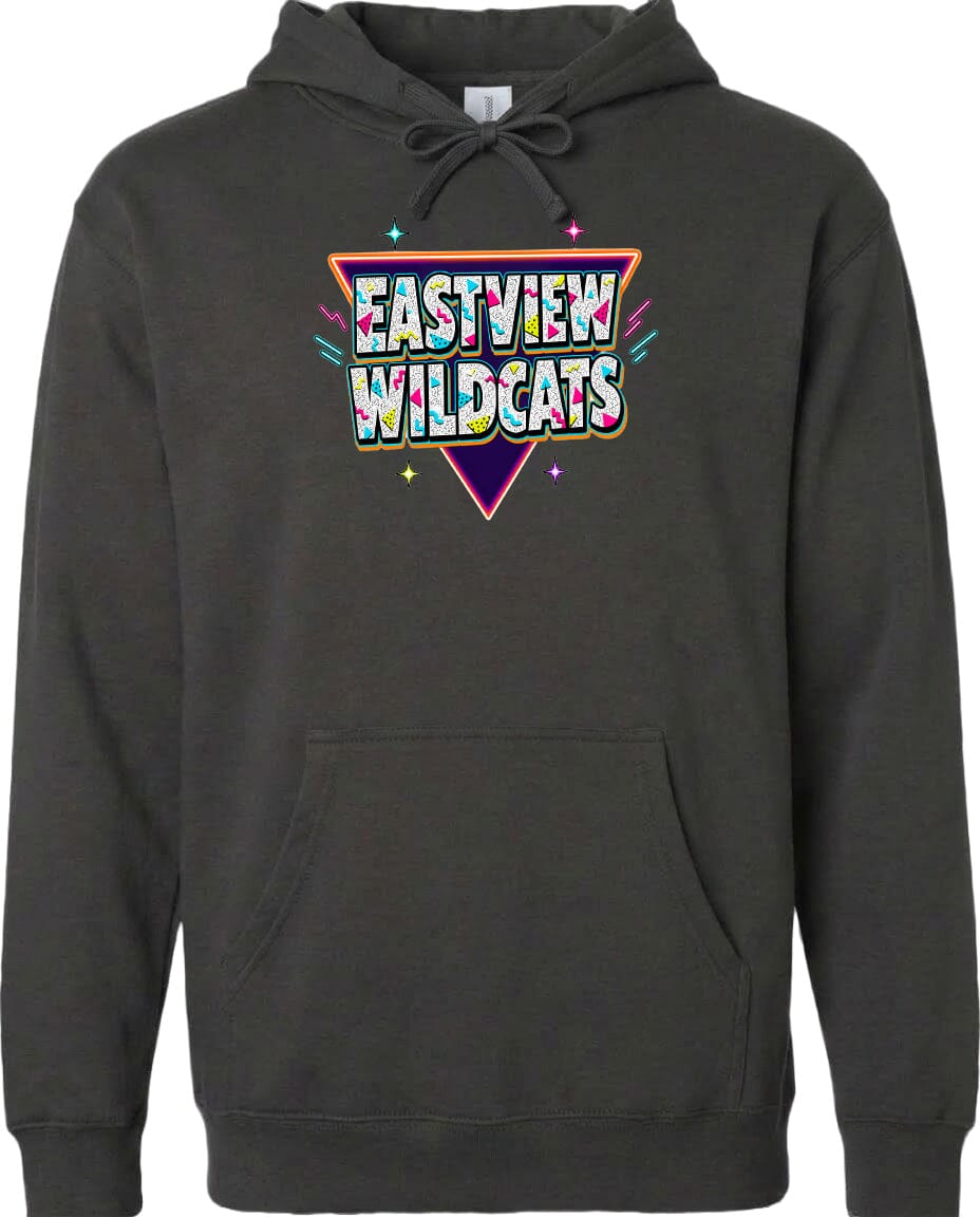 A black hoodie with a colorful graphic design on the front.