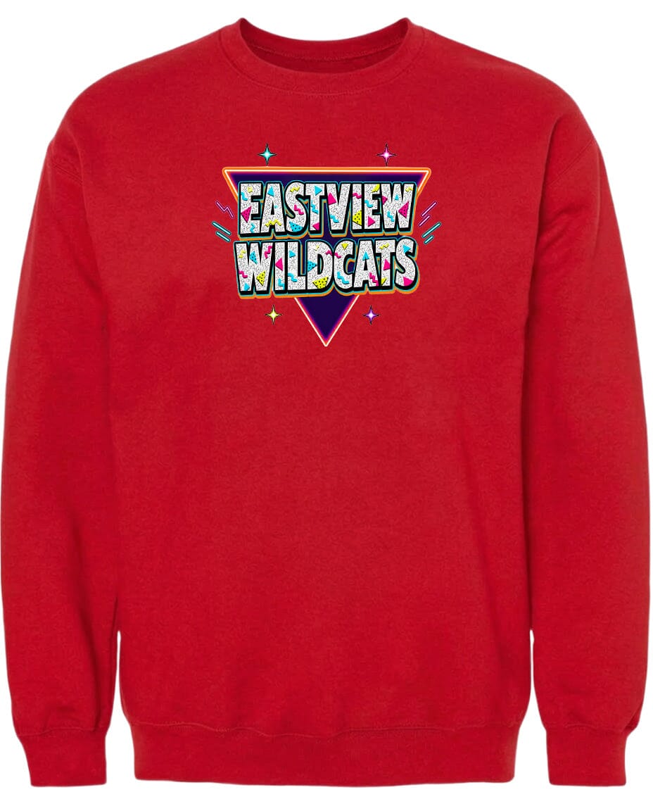 A red sweatshirt with a colorful graphic design featuring the text "EASTVIEW WILDCATS" in a stylized font.