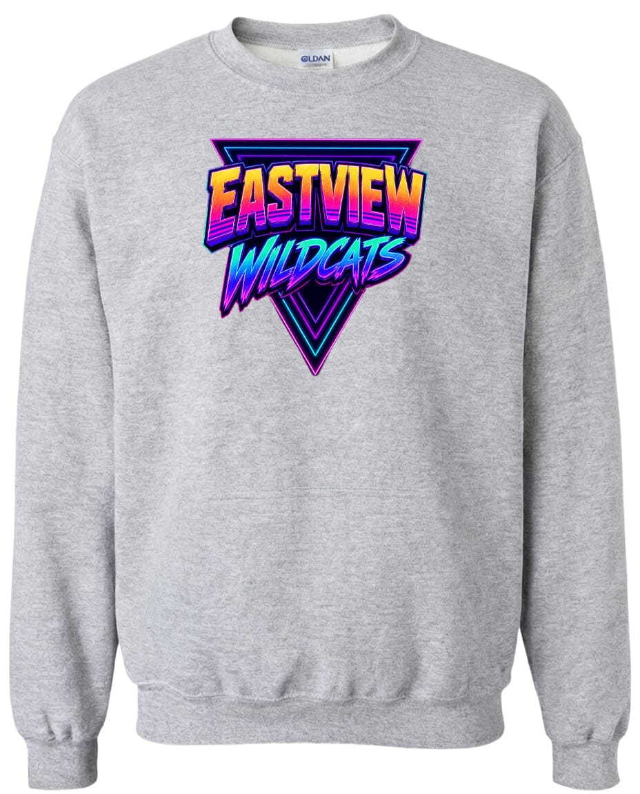 A gray sweatshirt with a graphic design featuring the text "EASTVIEW WILDCATS" in a retro, neon-style font.