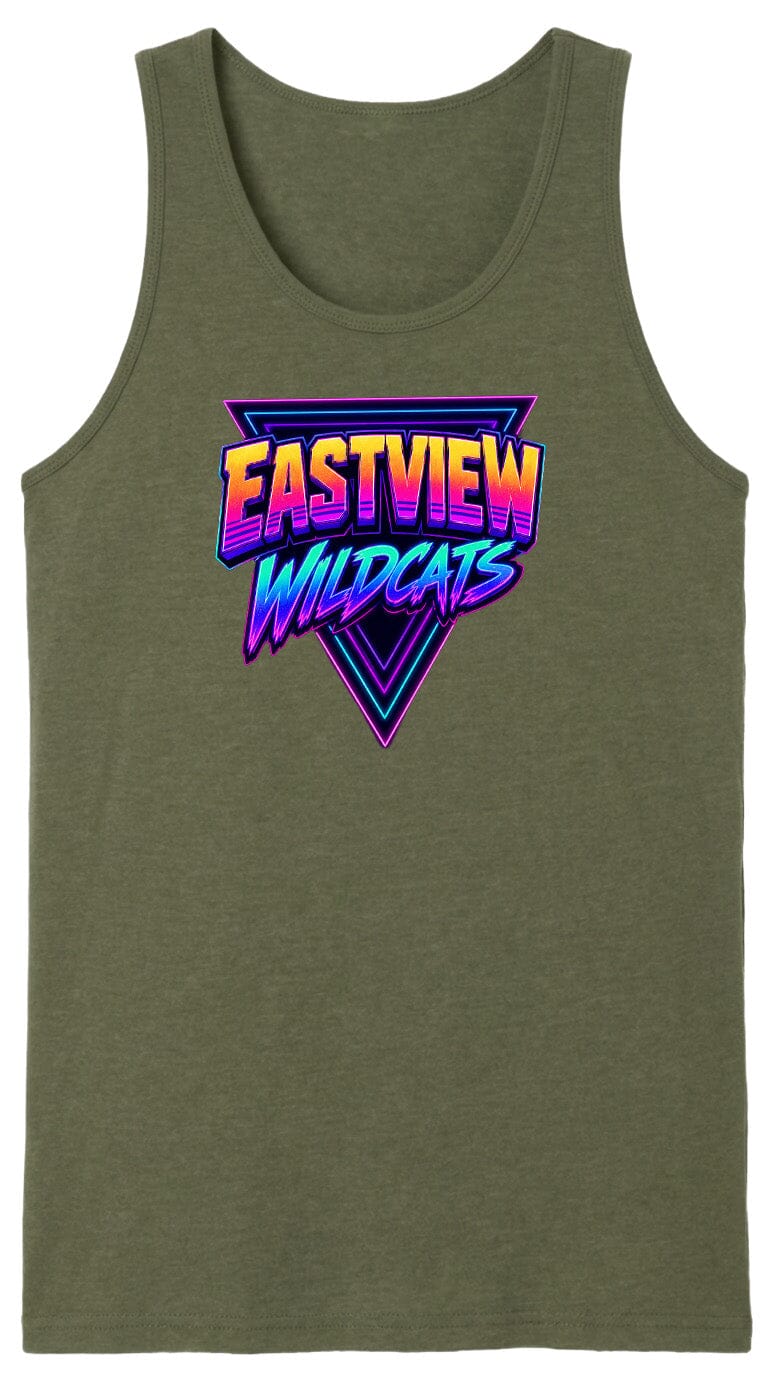 A green tank top with a graphic design featuring the text "EASTVIEW WILDCATS" in a retro, neon-style font.