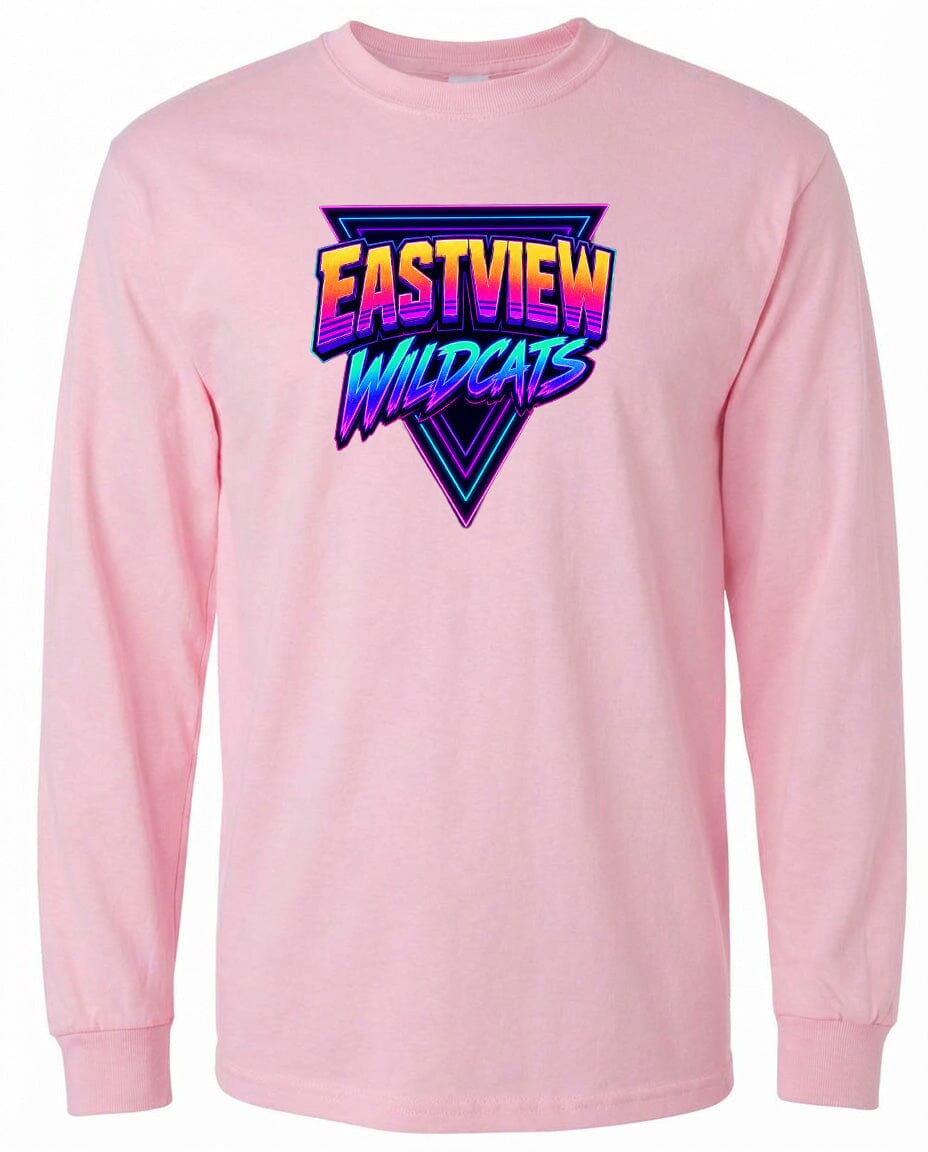 A pink long-sleeved t-shirt with a graphic design featuring the text "EASTVIEW WILDCATS" in a colorful, retro-style font.
