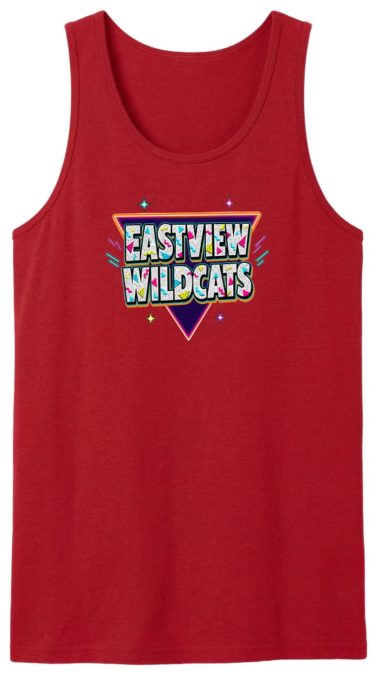 A red tank top with a colorful graphic design featuring the text "EASTVIEW WILDCATS" in a retro style.