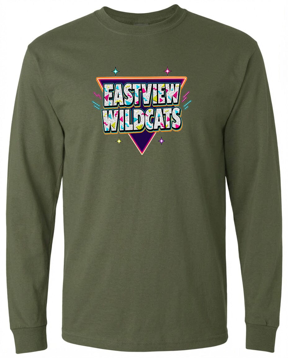 A long-sleeved olive green t-shirt with a colorful graphic design featuring the text "EASTVIEW WILDCATS" in a retro-style font.