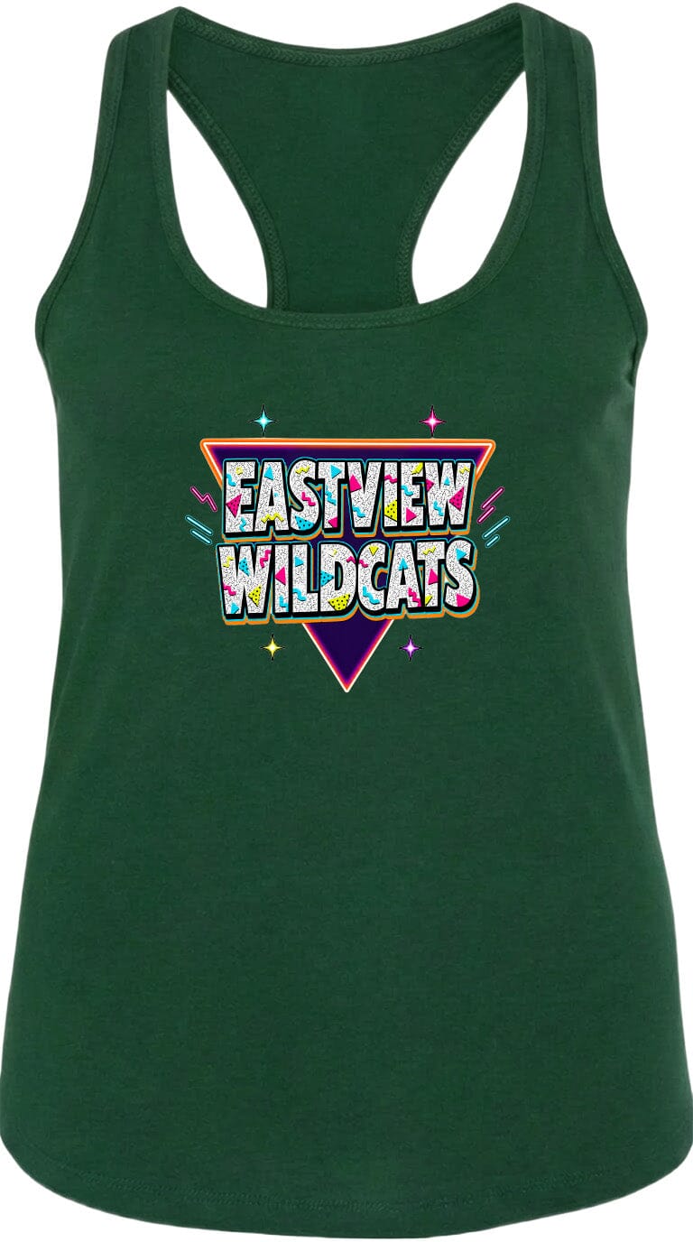 A green tank top with a colorful graphic design featuring the text "EASTVIEW WILDCATS" in a retro style.