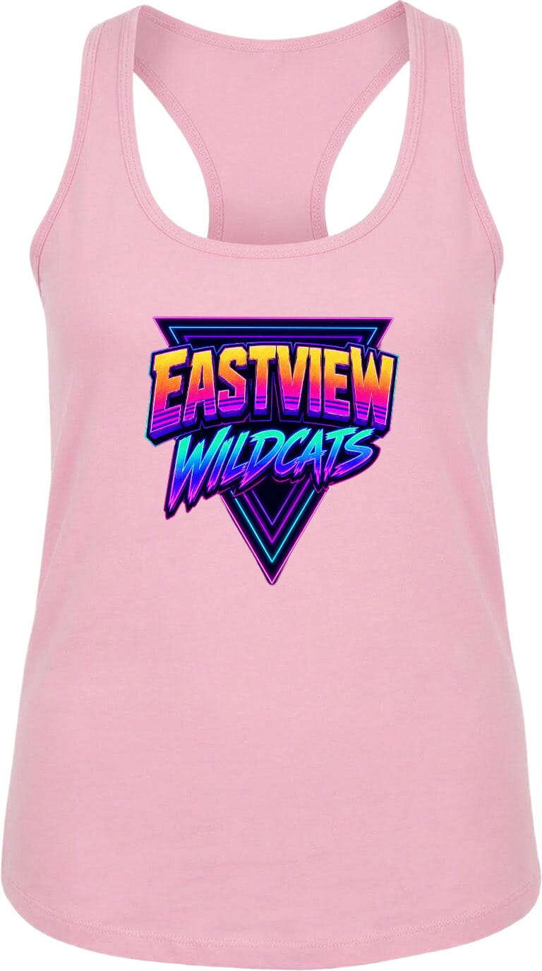 A pink tank top with a graphic design featuring the text "EASTVIEW WILDCATS" in a retro, neon-style font.