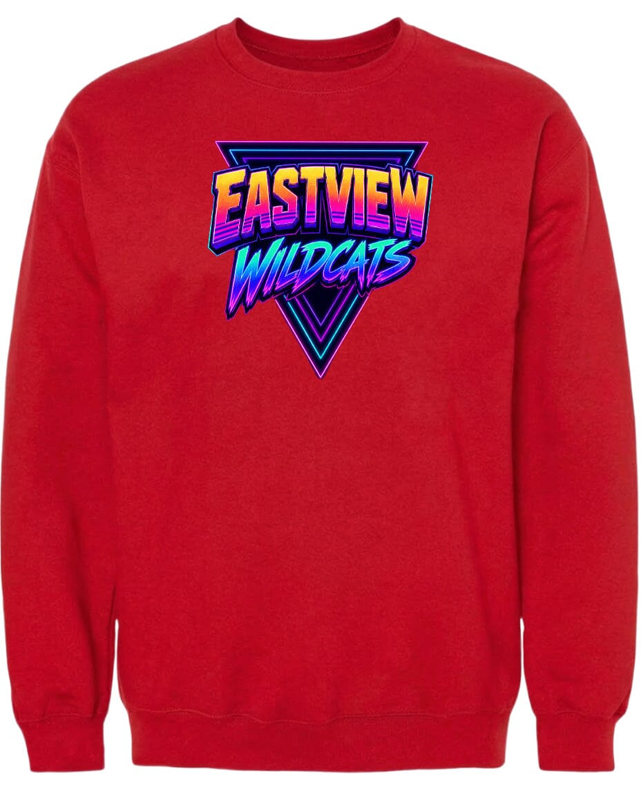 A red sweatshirt with a graphic design featuring the text "EASTVIEW WILDCATS" in a stylized font.