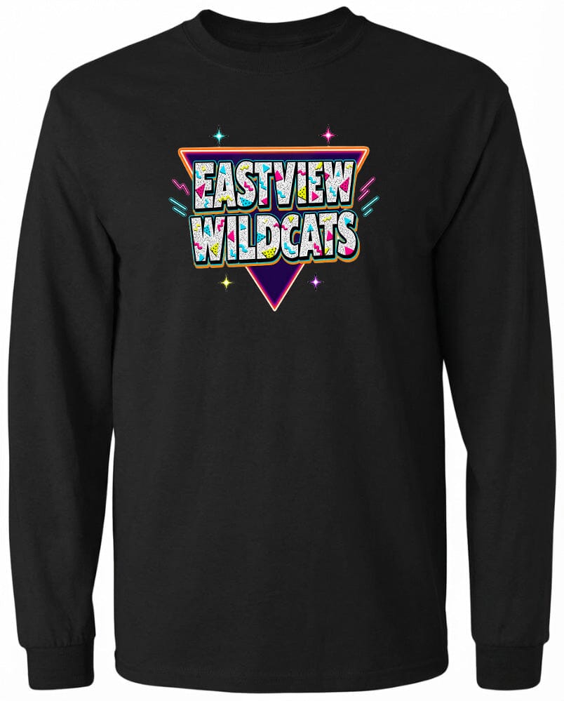A black long-sleeved shirt with a colorful graphic design featuring the text "EASTVIEW WILDCATS" in a retro style.
