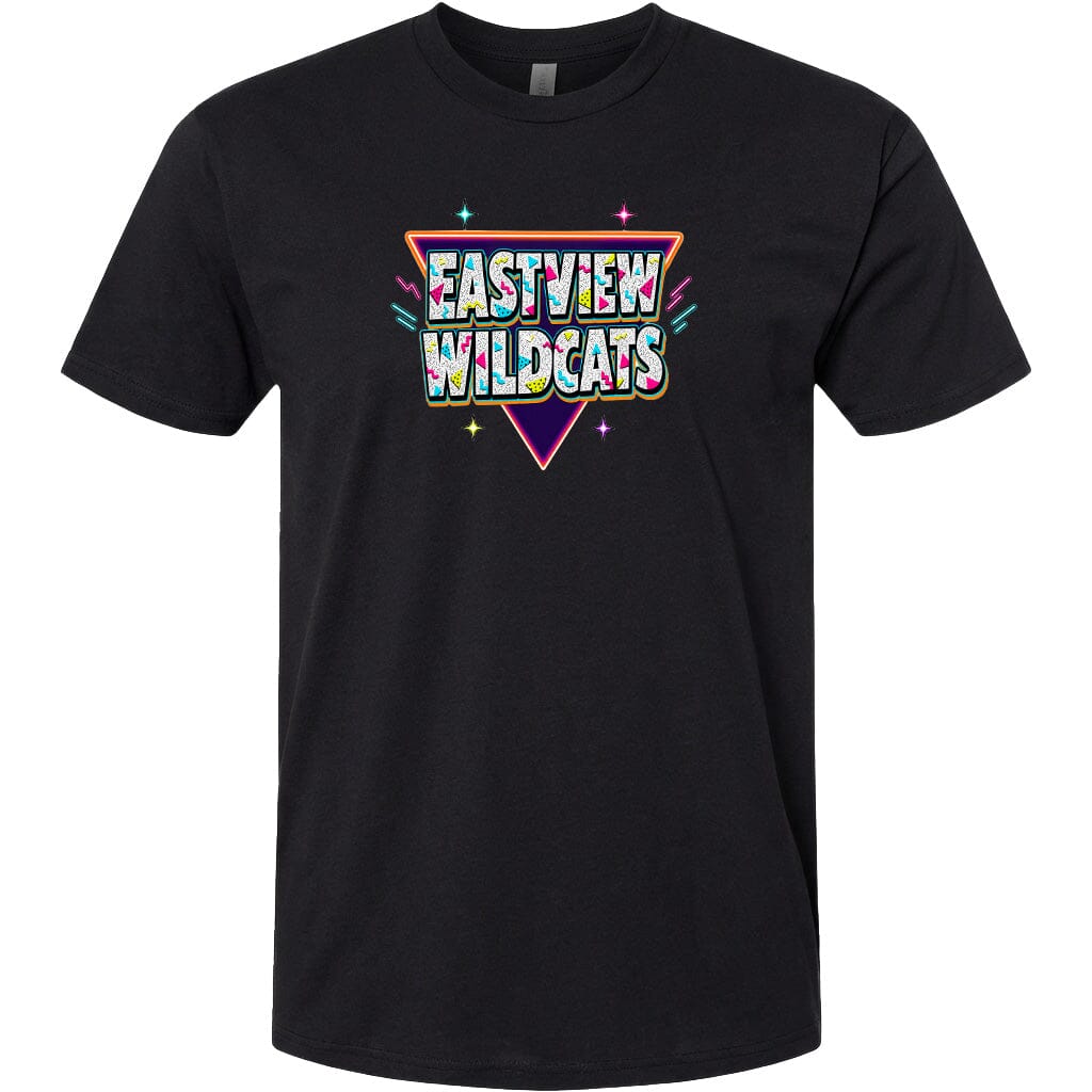 A black t-shirt with a colorful graphic design featuring the text "EASTVIEW WILDCATS" in a retro style.