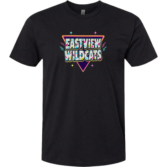 A black t-shirt with a colorful graphic design featuring the text "EASTVIEW WILDCATS" in a retro style.