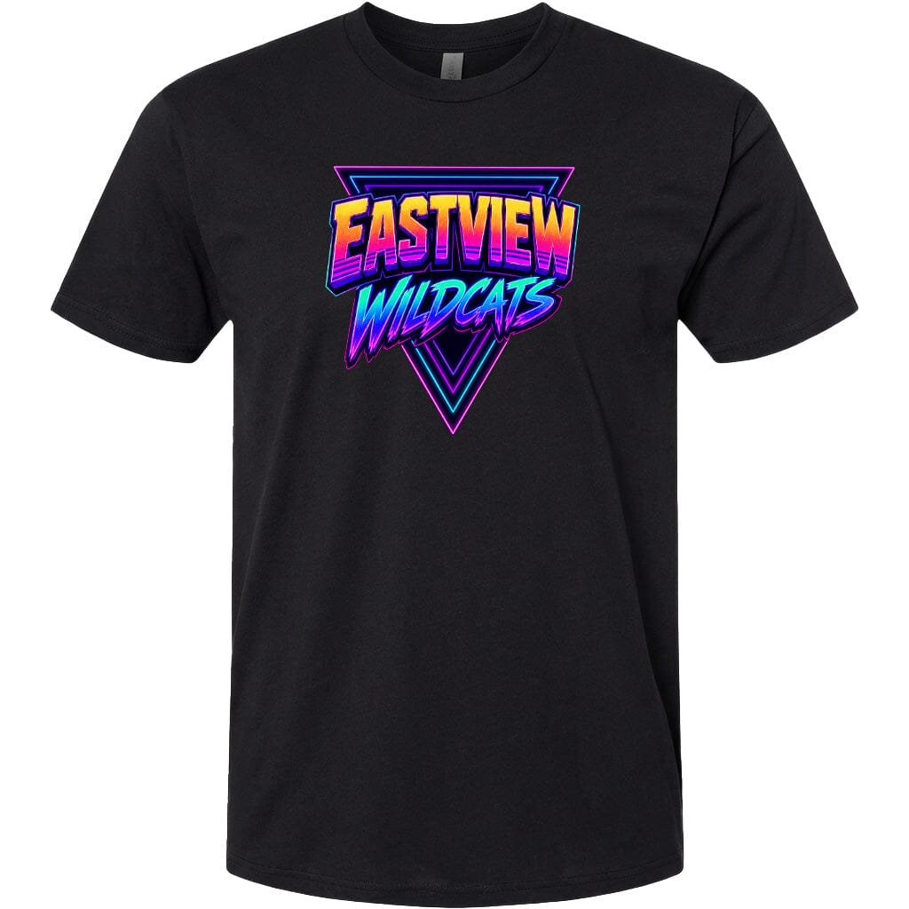 A black t-shirt with a graphic design featuring the text "EASTVIEW WILDCATS" in a colorful, neon-like font.