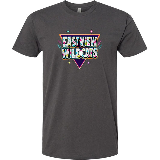 A gray t-shirt with a colorful graphic design featuring the text "EASTVIEW WILDCATS" in a retro style.
