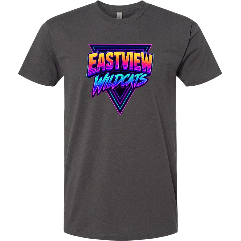 A gray t-shirt with a graphic design featuring the text "EASTVIEW WILDCATS" in a stylized font.