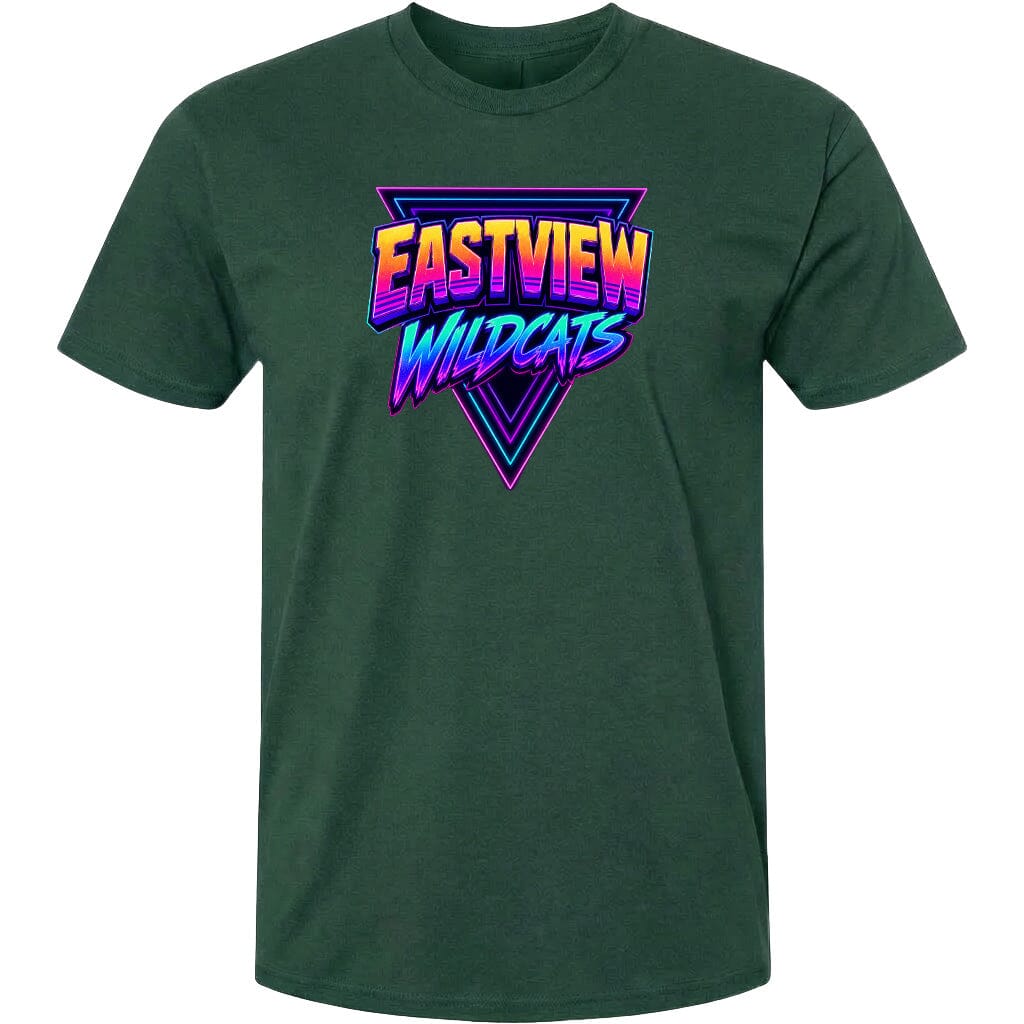 A green t-shirt with a graphic design featuring the text "EASTVIEW WILDCATS" in a stylized font.