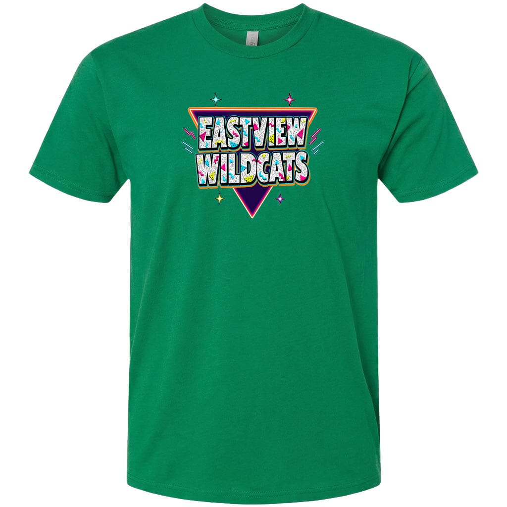 A green t-shirt with a colorful graphic design featuring the text "EASTVIEW WILDCATS" in a stylized font.
