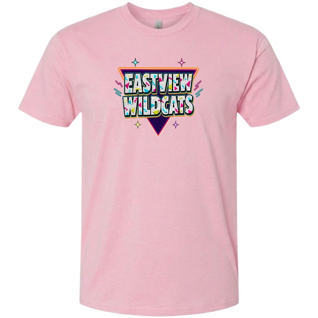 A pink t-shirt with a graphic design featuring the text "EASTVIEW WILDCATS" in a colorful, retro-style font.