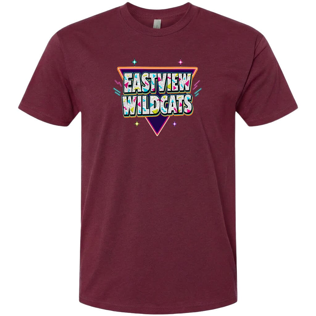 A burgundy-colored t-shirt with a graphic design featuring the text "EASTVIEW WILDCATS" in a colorful, retro-style font.