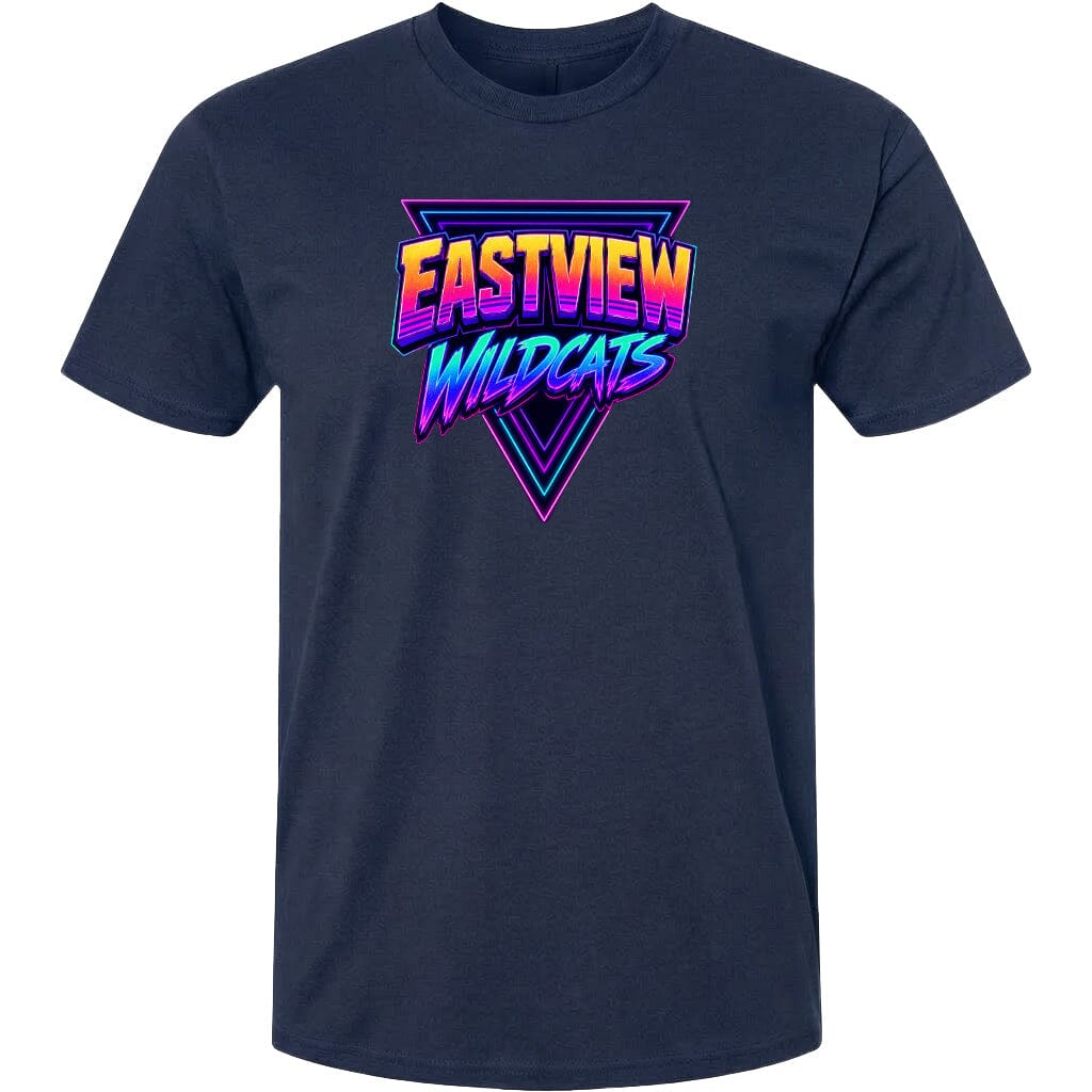A navy blue t-shirt with a graphic design featuring the text "EASTVIEW WILDCATS" in a retro, neon-style font.