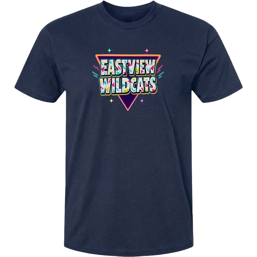 A navy blue t-shirt with a colorful graphic design featuring the text "EASTVIEW WILDCATS" in a retro style.