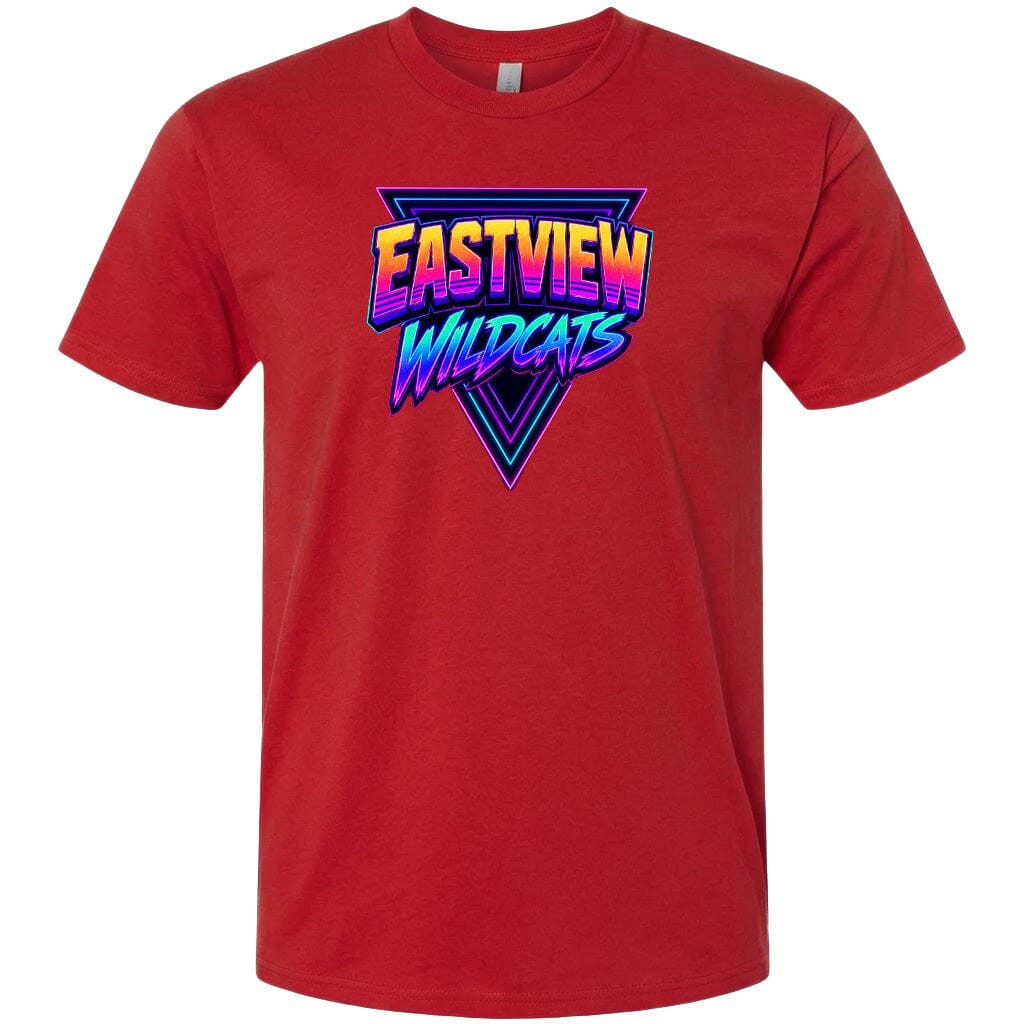 A red t-shirt with a graphic design featuring the text "EASTVIEW WILDCATS" in a stylized font.