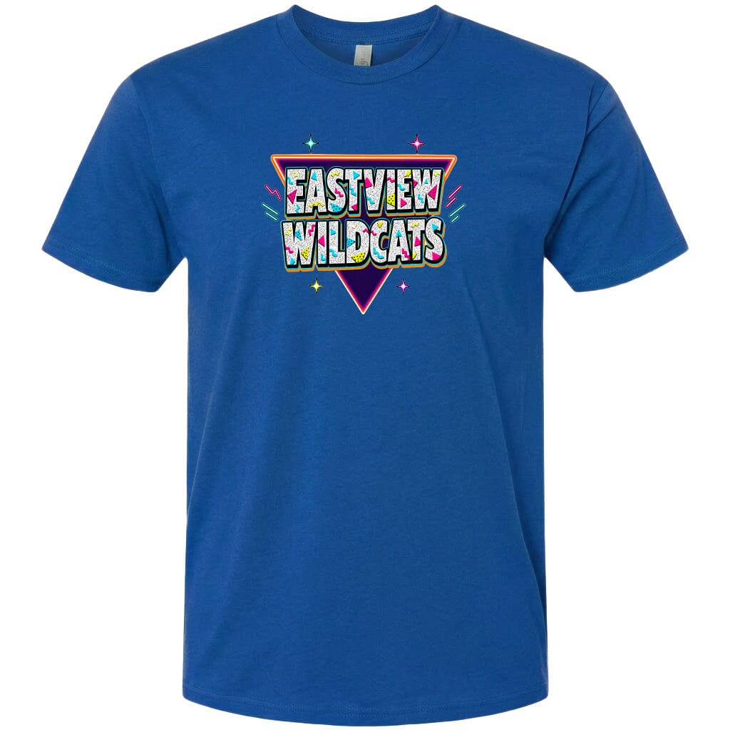 A blue t-shirt with a colorful graphic design featuring the text "EASTVIEW WILDCATS" in a stylized font.