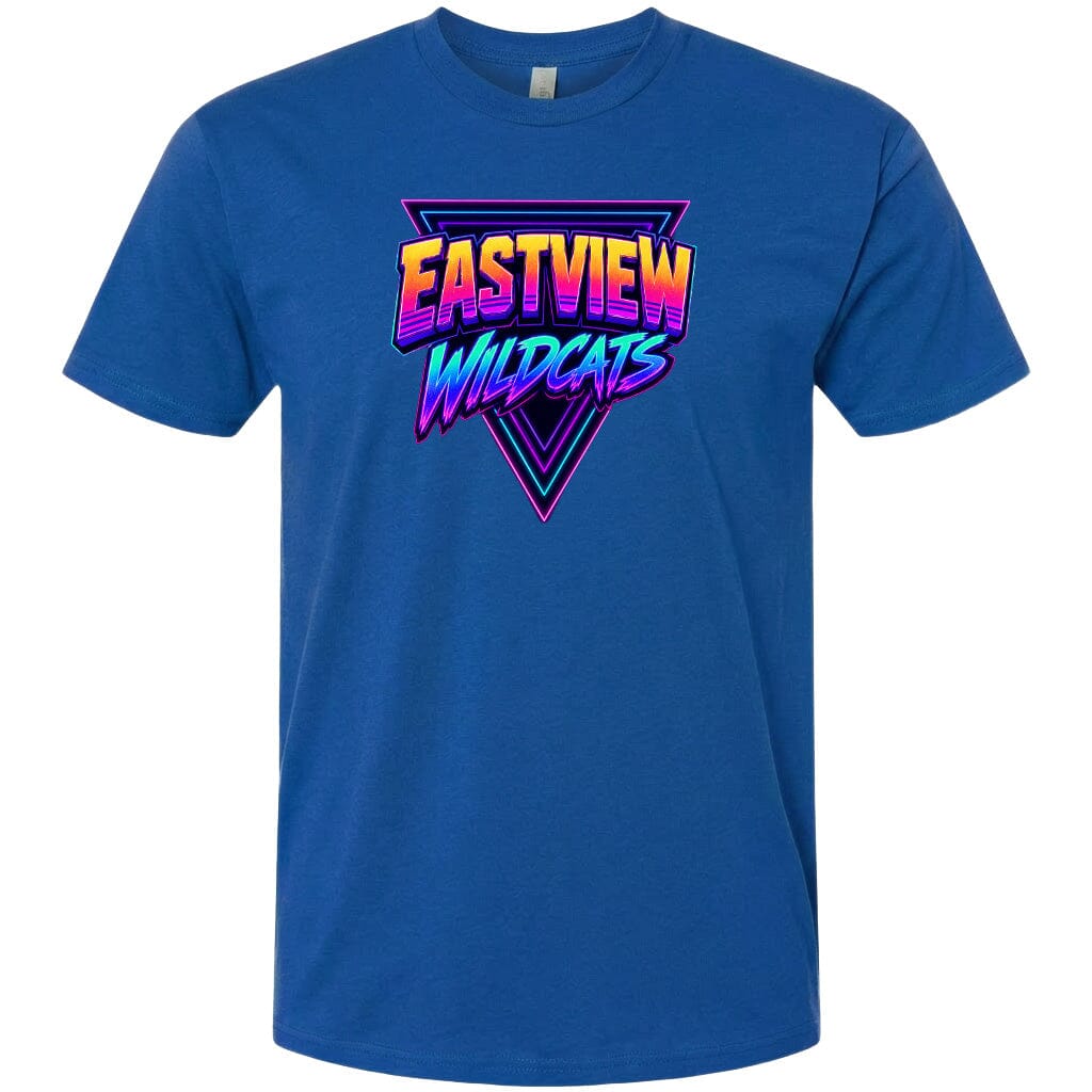 A blue t-shirt with a graphic design featuring the text "EASTVIEW WILDCATS" in a stylized font.