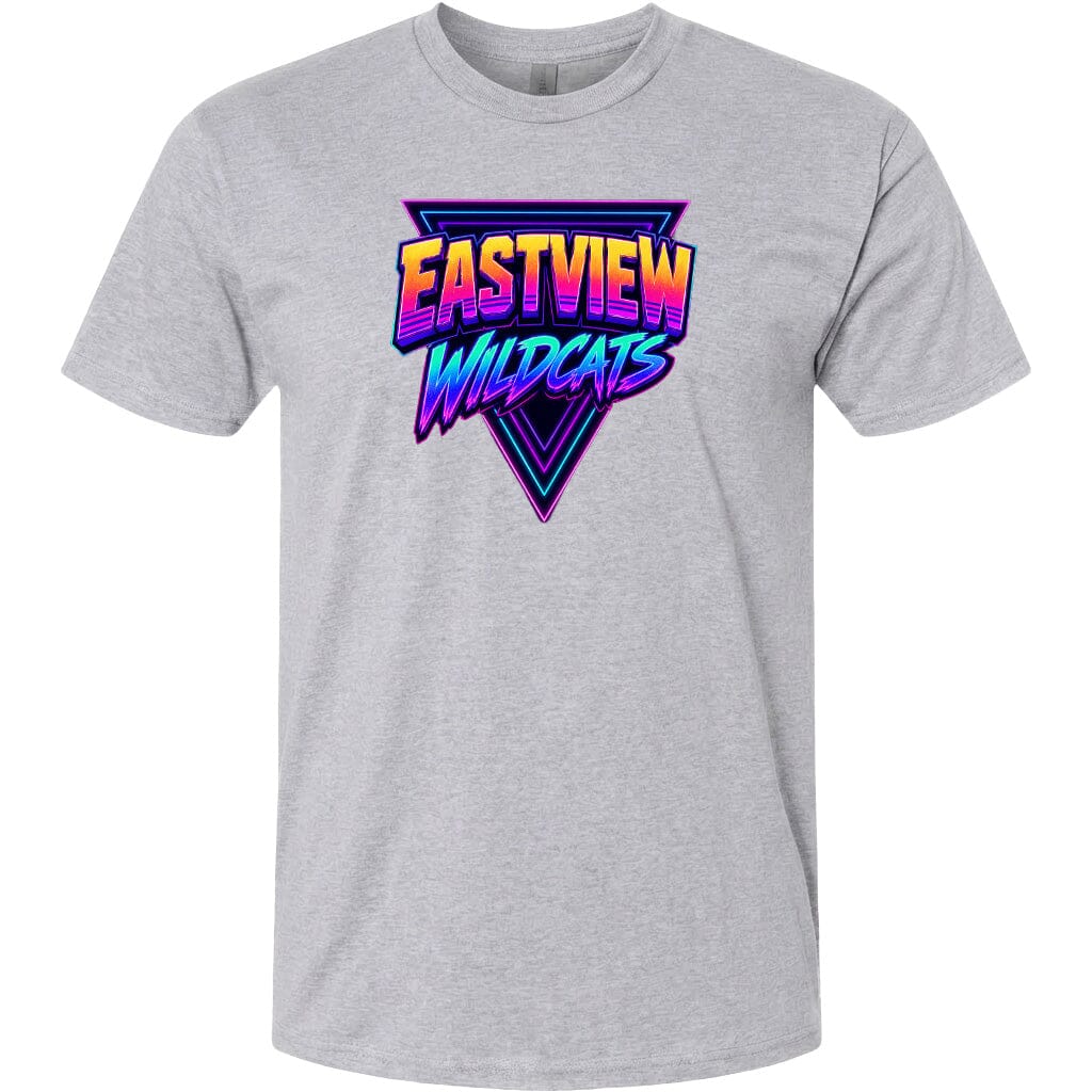 A gray t-shirt with a graphic design featuring the text "EASTVIEW WILDCATS" in a stylized font.