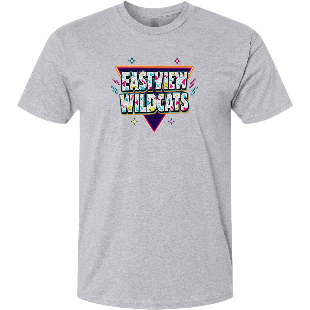 A gray t-shirt with a colorful graphic design featuring the text "EASTVIEW WILDCATS" in a bold, stylized font.