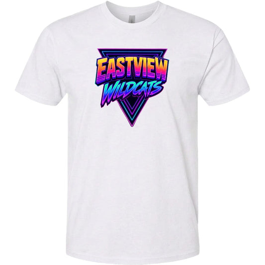 A white t-shirt with a graphic design featuring the text "EASTVIEW WILDCATS" in a colorful, retro-style font.