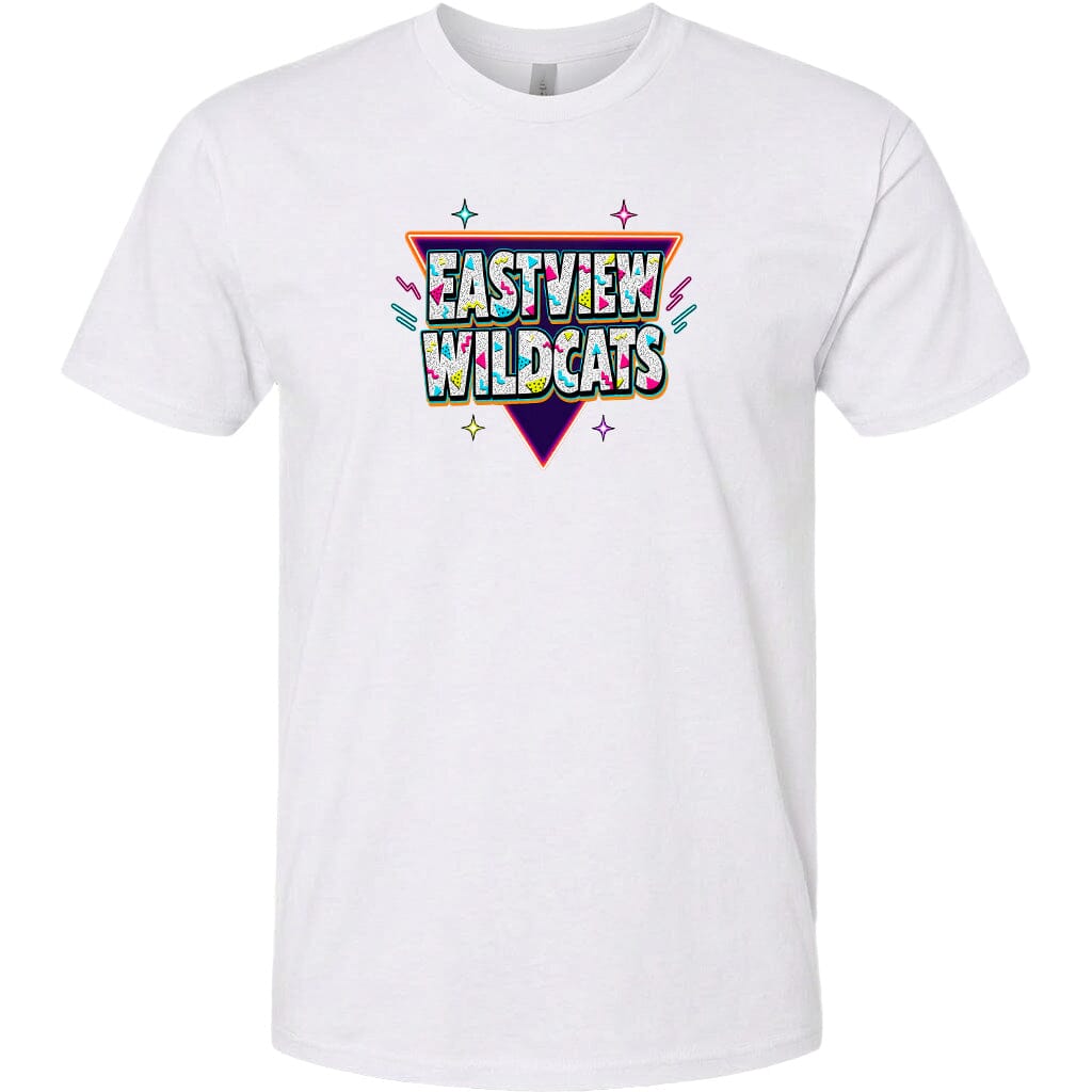 A white t-shirt with a colorful graphic design featuring the text "EASTVIEW WILDCATS" in a stylized font.